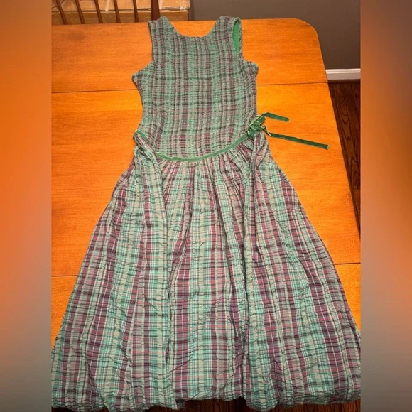 Free People Nightingale Plaid Maxi Dress L Green Purple Smocked Cottagecore - Picture 6 of 8